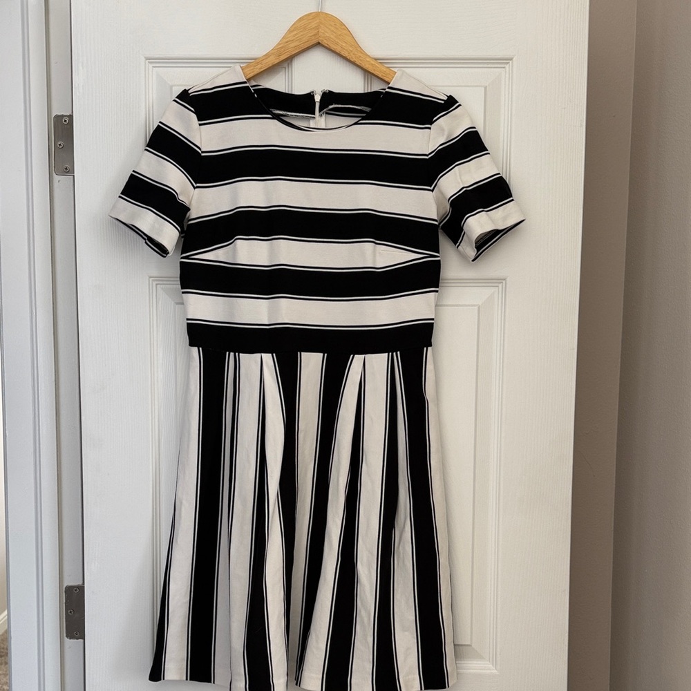 LOFT Black and White Striped Fit-and-Flare Mini Dress